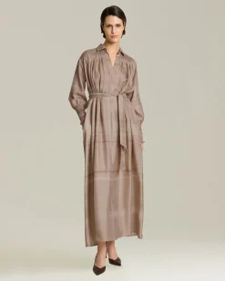 Abito chemisier in cady di seta stampata beige