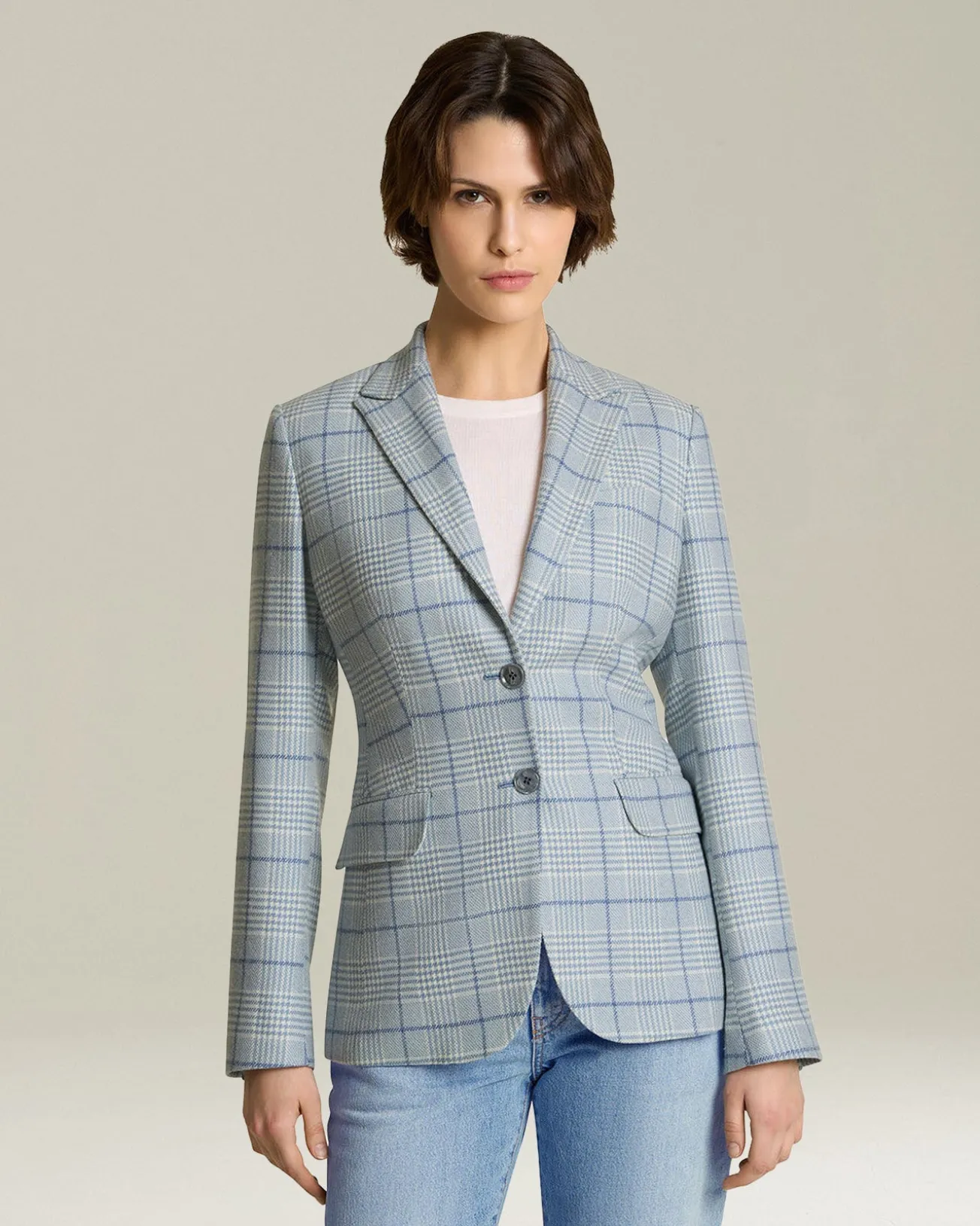 Blazer donna a quadri azzurro 100% Cashmere