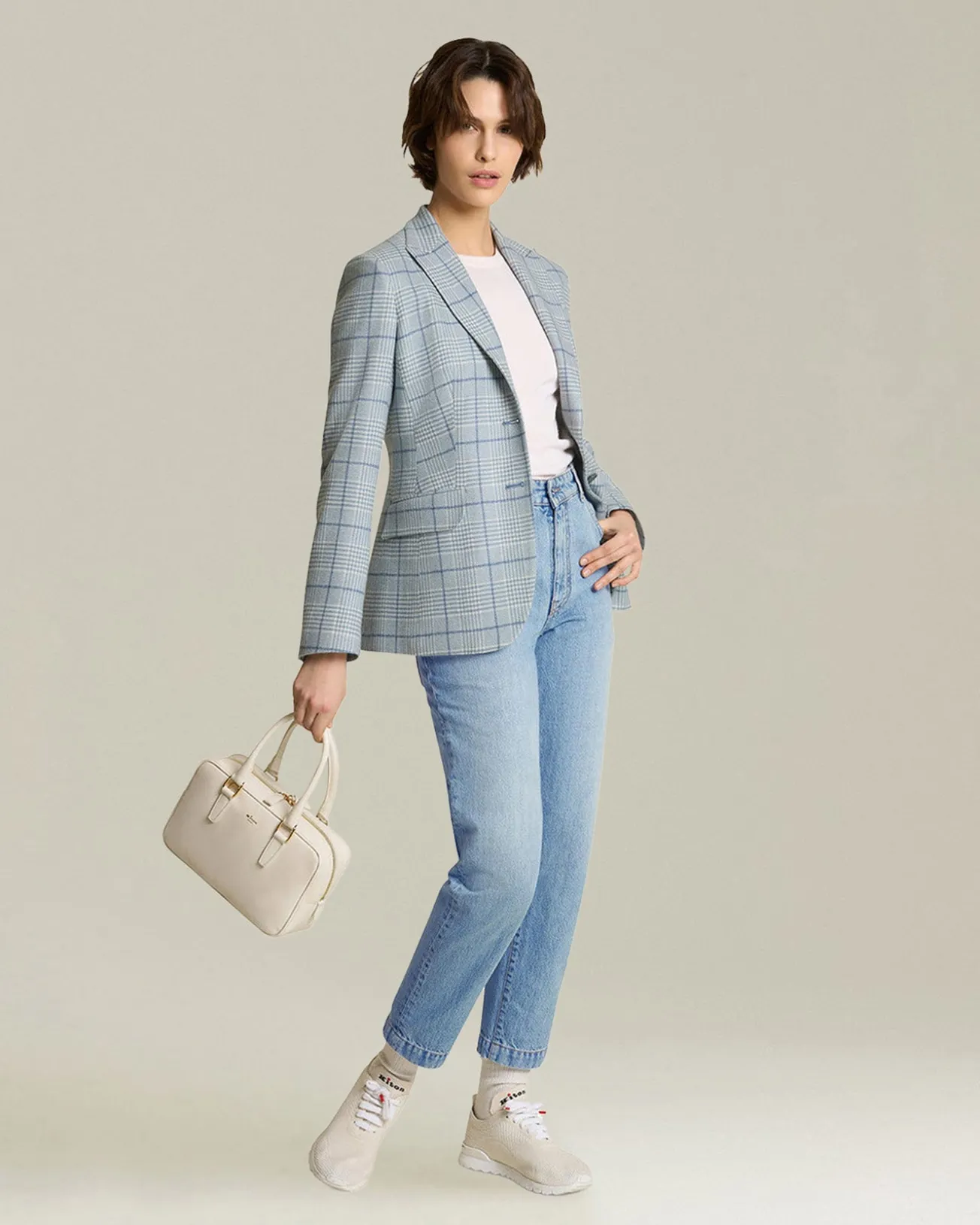 Blazer donna a quadri azzurro 100% Cashmere