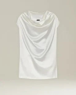Blusa manica corta in Seta bliano perla con collo drappeggiato