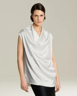 Blusa manica corta in Seta bliano perla con collo drappeggiato