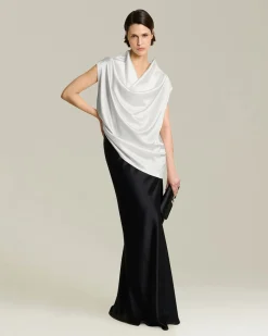 Blusa manica corta in Seta bliano perla con collo drappeggiato