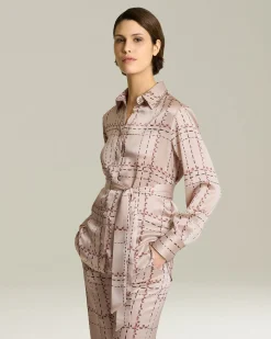 Camicia 100% seta rosa con stampa geometrica