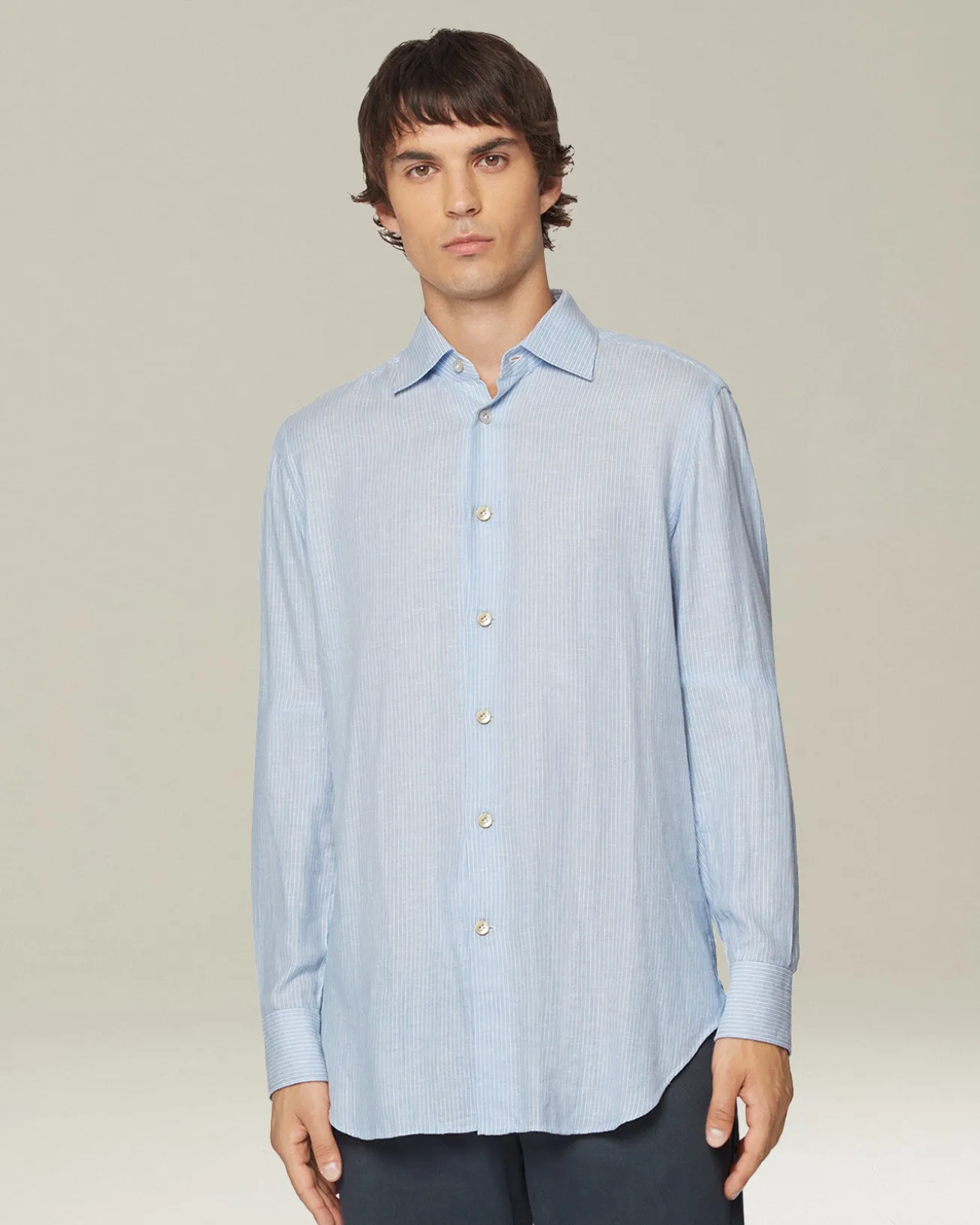 Camicia a righe azzurre in cotone collo francese