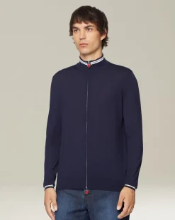 Cardigan con zip blu e bianco in filato di lana