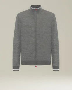 Cardigan con zip grigio e bianco in filato di lana