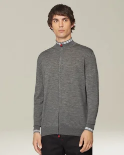 Cardigan con zip grigio e bianco in filato di lana