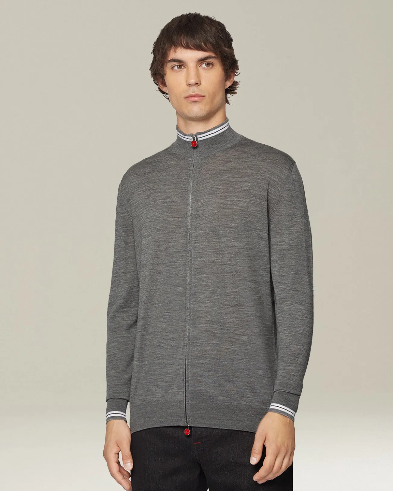 Cardigan con zip grigio e bianco in filato di lana