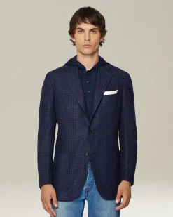 Giacca uomo a quadri blu in blend di lana vergine