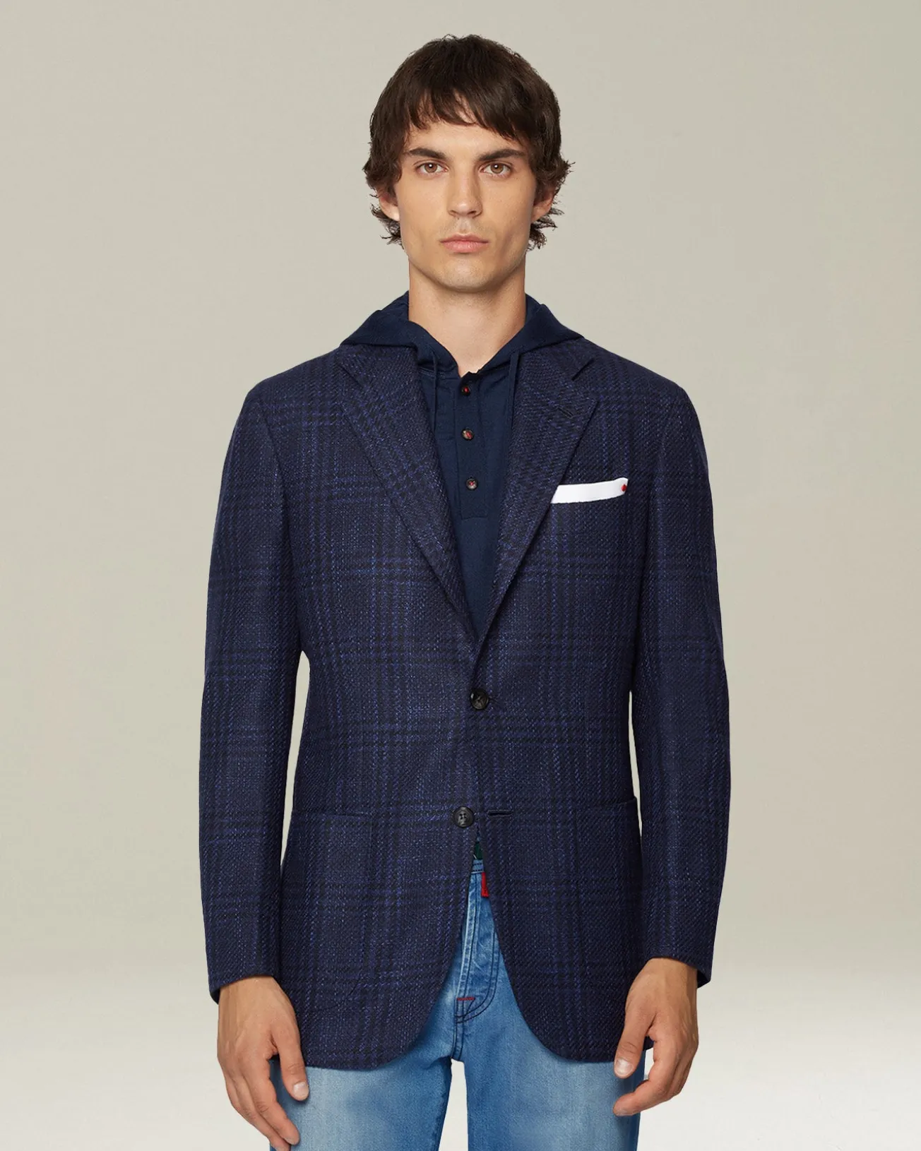 Giacca uomo a quadri blu in blend di lana vergine