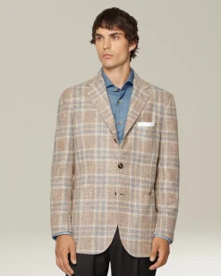 Giacca uomo a quadri grigia e beige in blend di lana vergine