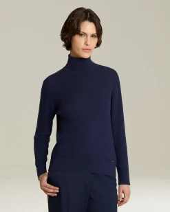 Lupetto donna in cashmere e seta blu navy