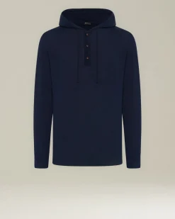 Maglia con cappuccio in cashmere e seta blu