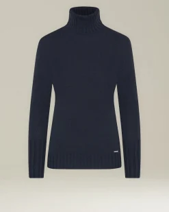 Maglione donna a collo alto in cashmere canneté blu