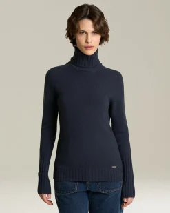 Maglione donna a collo alto in cashmere canneté blu