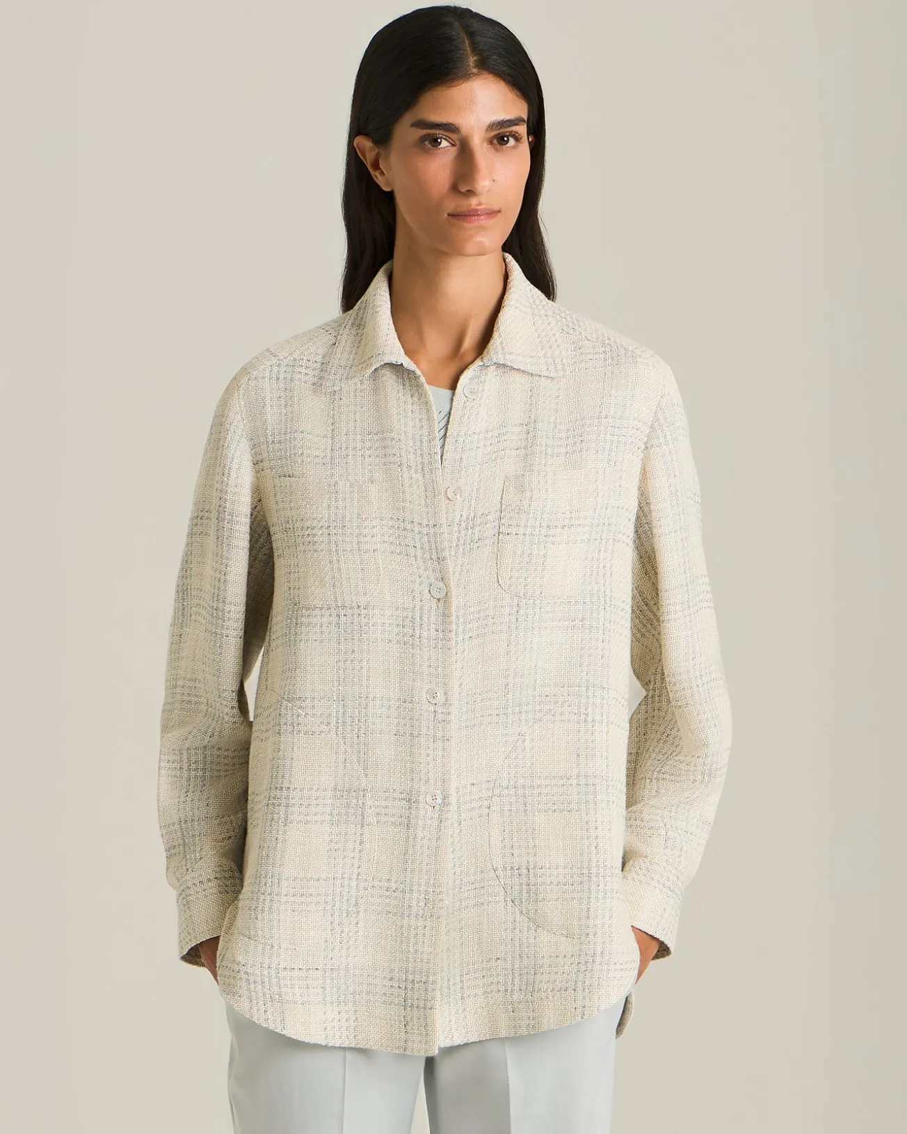 Overshirt donna a quadri panna in blend di seta e lino