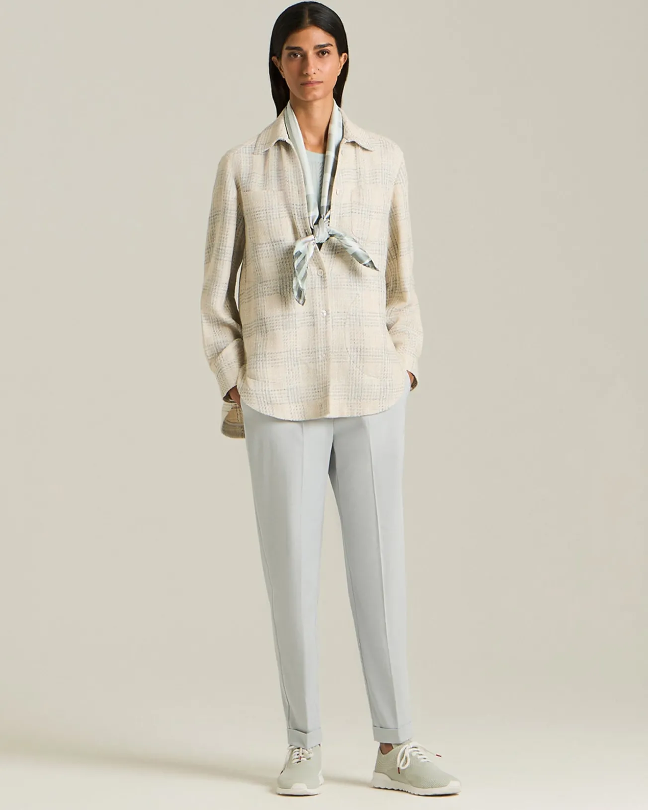 Overshirt donna a quadri panna in blend di seta e lino
