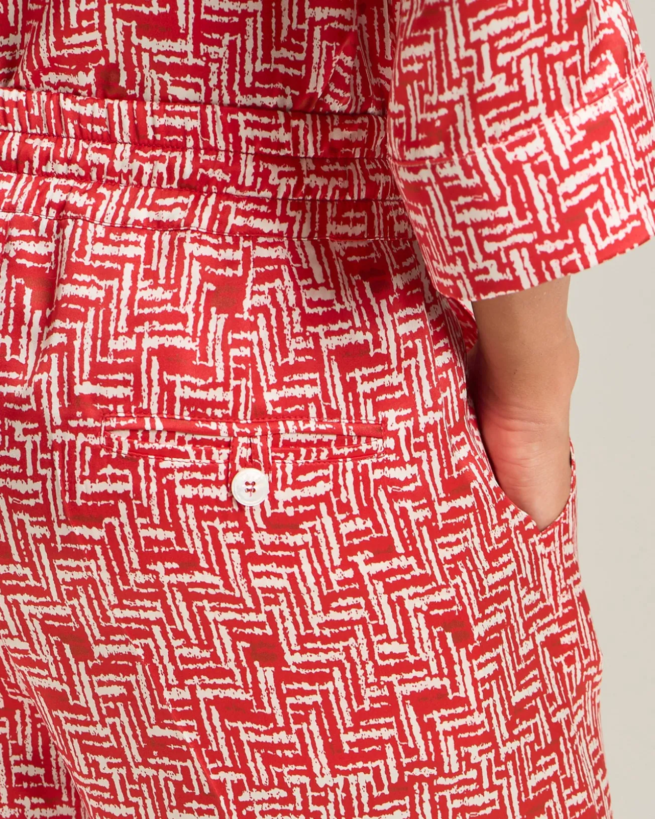 Pantalone palazzo 100% seta con motivo rosso e bianco