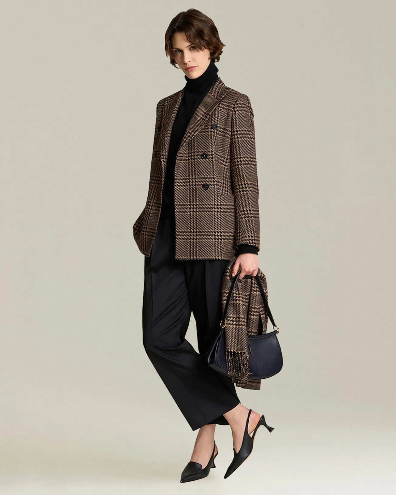 Sciarpa Principe di Galles in seta e cashmere marrone