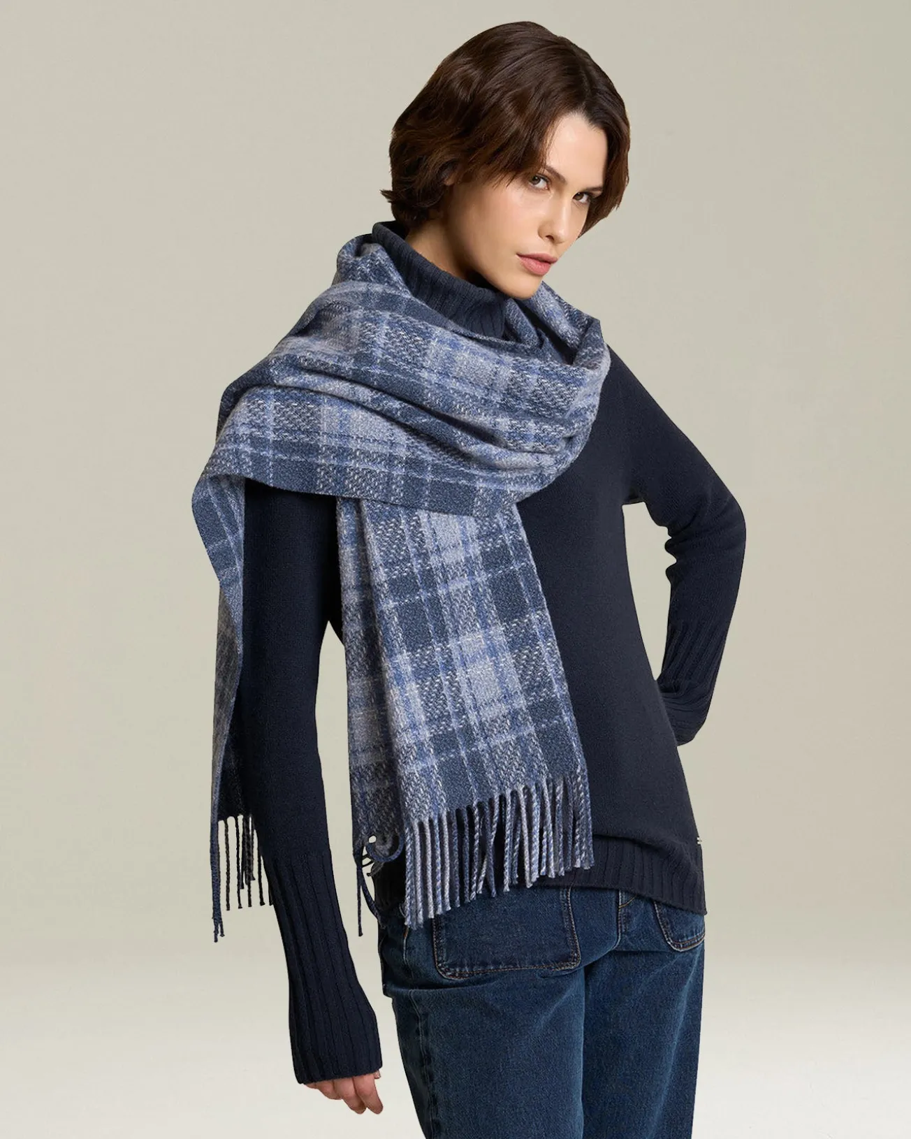 Sciarpa Quadri blu 100% Cashmere
