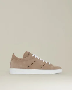 Sneakers uomo in pelle di vitello scamosciata beige