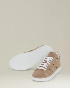 Sneakers uomo in pelle di vitello scamosciata beige